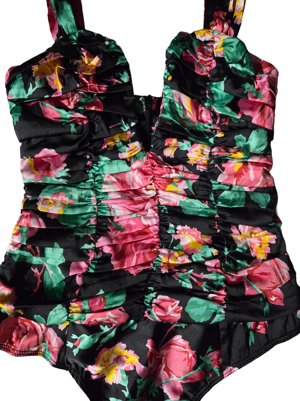 For Love & Lemons Jolie Floral Ruched V-Neck Bodysuit Black Pink Size XS - Picture 2 of 7